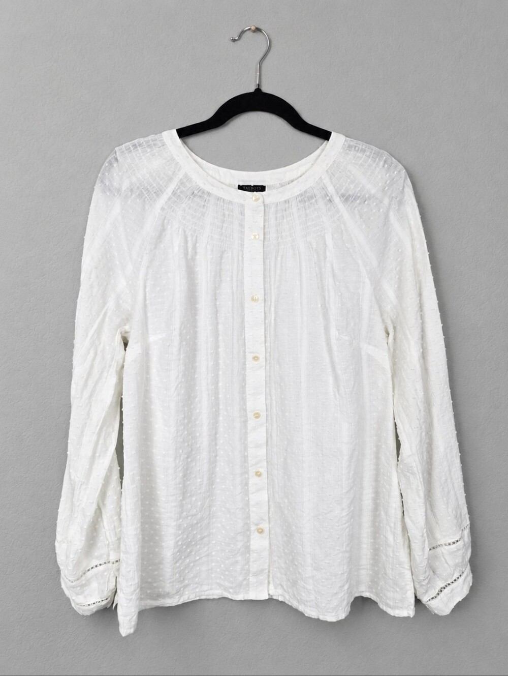 Talbots White Swiss Dot Cotton Blouse Large Cottagecore Balloon Sleeve Boho
